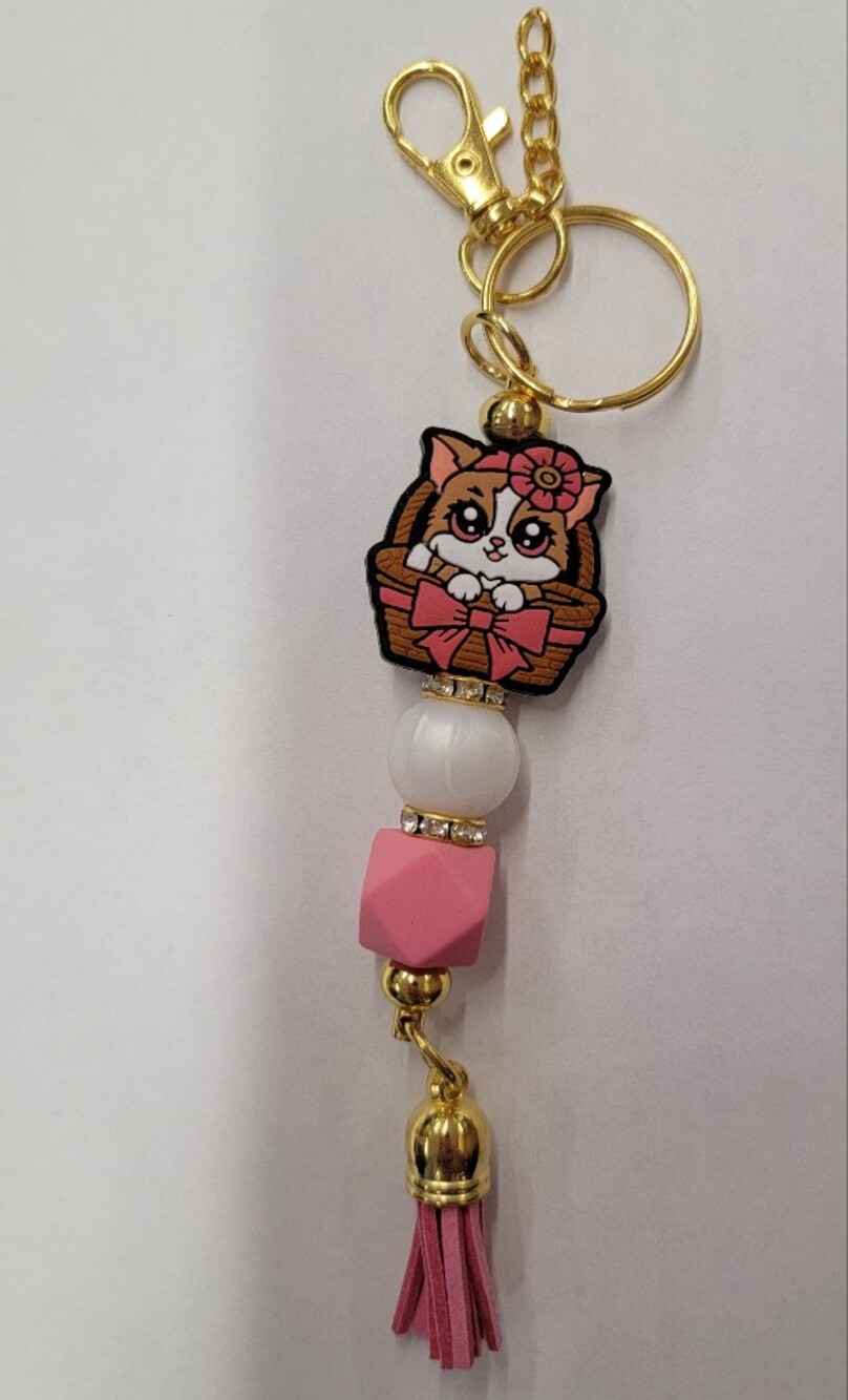 Pink Cat Tassel Keychain with Gold Hardware
